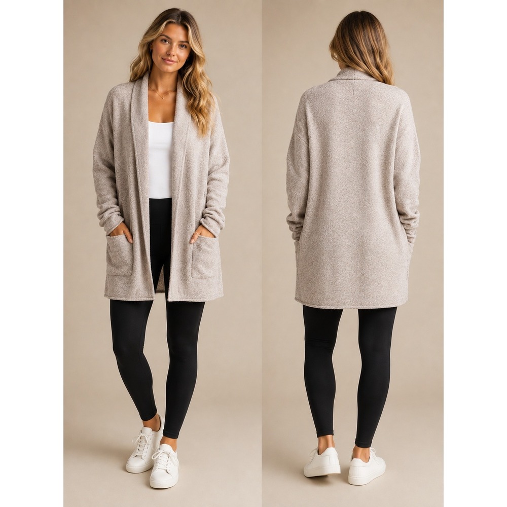 Barefoot Dreams CozyChic Lite Cardigan Womens Small Heathered Oyster Open Front